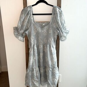 Madewell Blue and white floral mini dress with smock top and puff sleeves